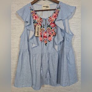 Savanna Jane Plus Size Floral Embroidered Striped Sleeveless Blouse Top 1X NWT